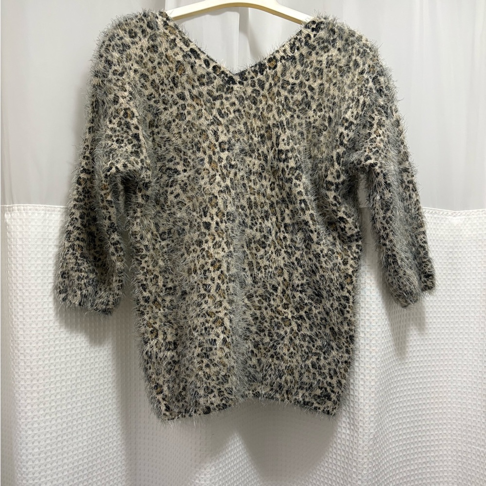 BKE Fuzzy Leopard V-Neck Sweater